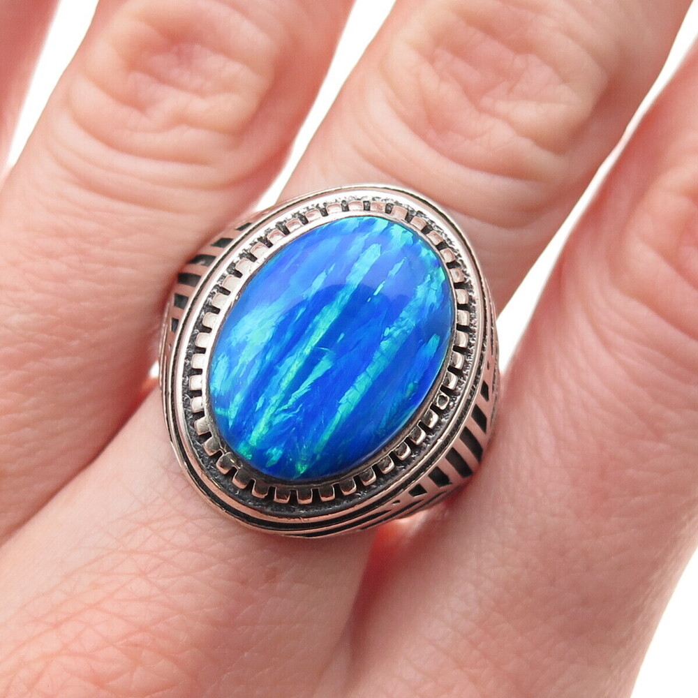 950 Silver Vintage Real Opal Oxidized Ring Size 9.5